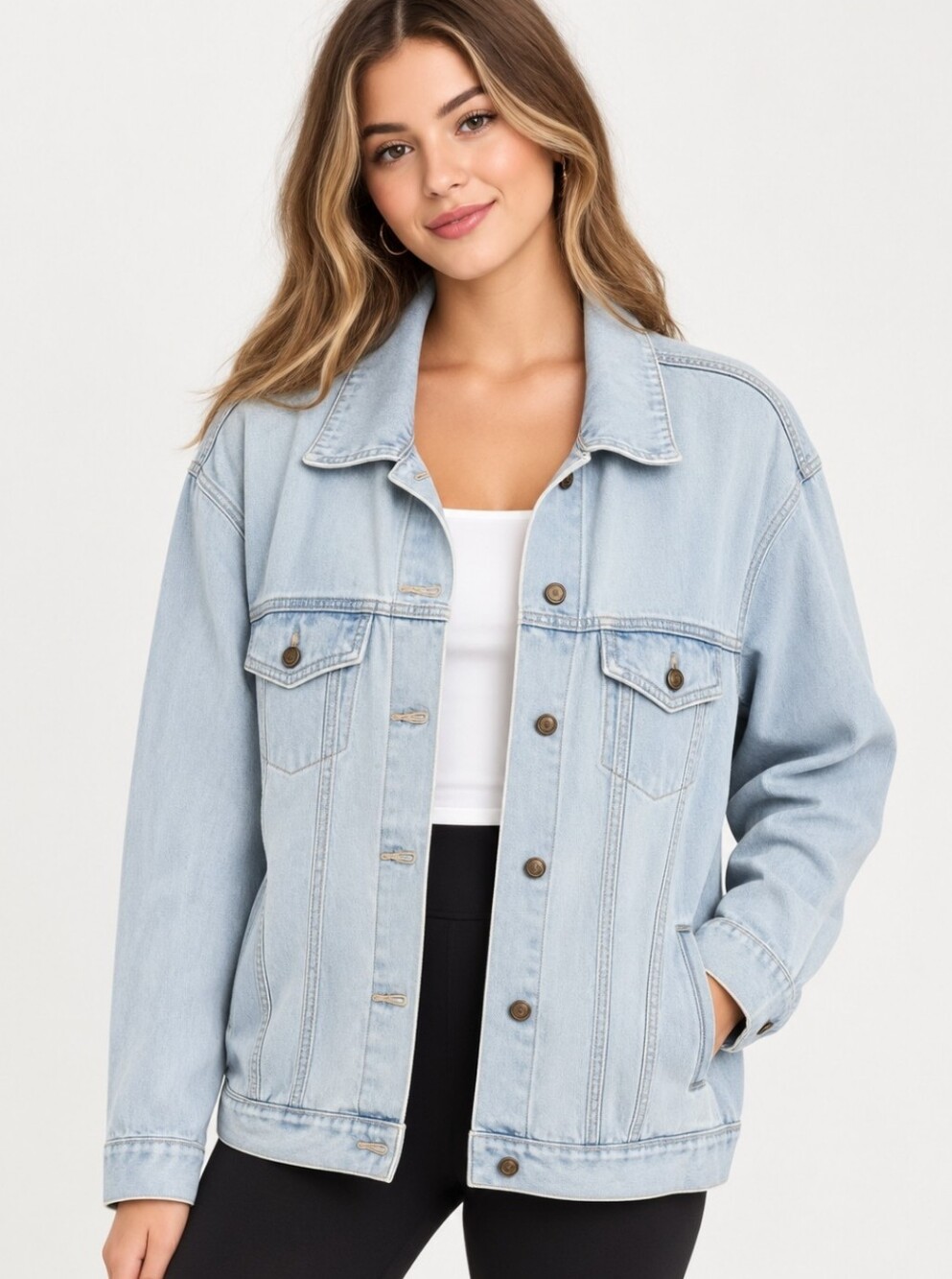 Forever 21 Light Wash Denim Blue Retro Classic Button Distressed Jean Jacket szL